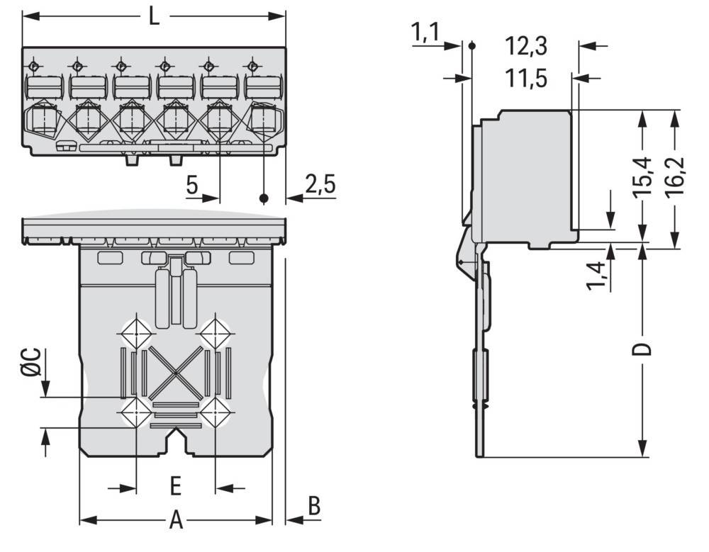 Technische Zeichnung eines elektrischen Anschlussklemmenblocks mit Abmessungen 'L', 'A', 'B', 'E', mit beschrifteten Maßangaben für Anschlussabstände und Profil.
