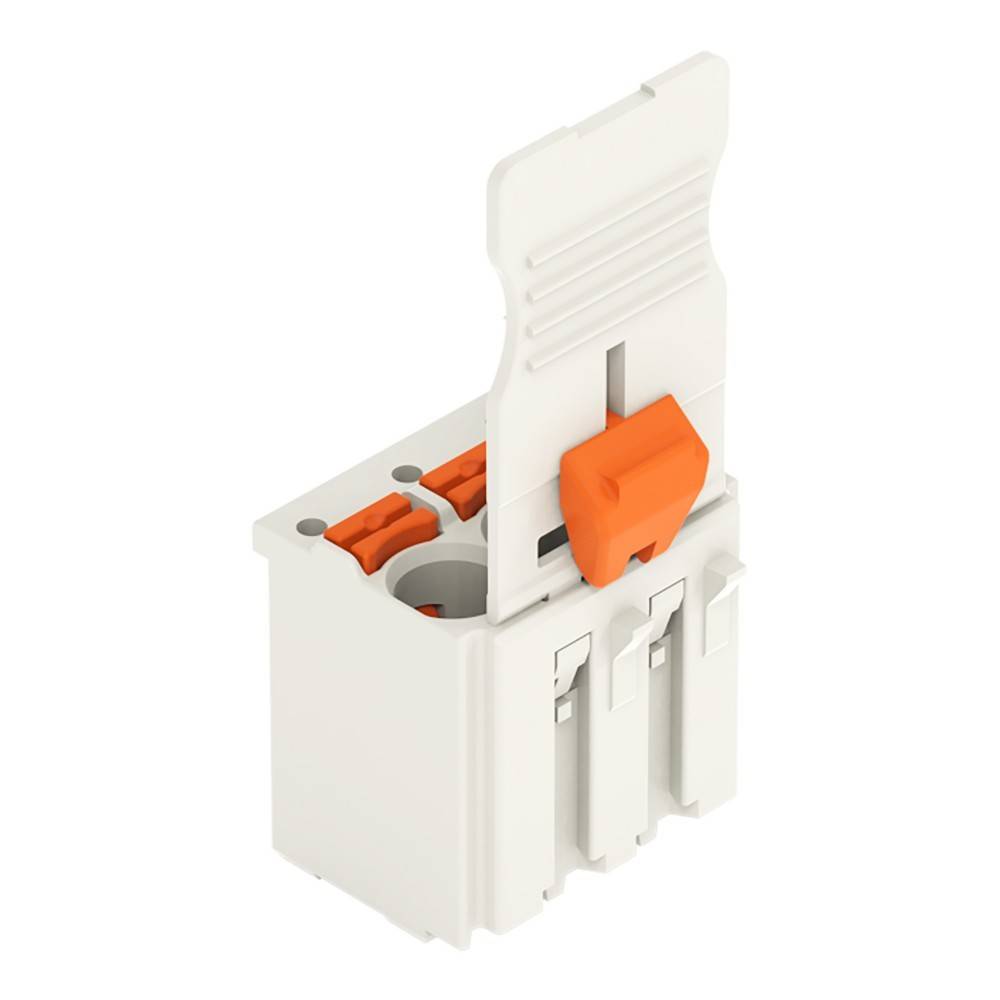 Ein weißer elektrischer Steckverbinder mit einem offenen orangefarbenen Hebel, der die internen Komponenten zeigt und zum Sichern von Drähten verwendet wird.