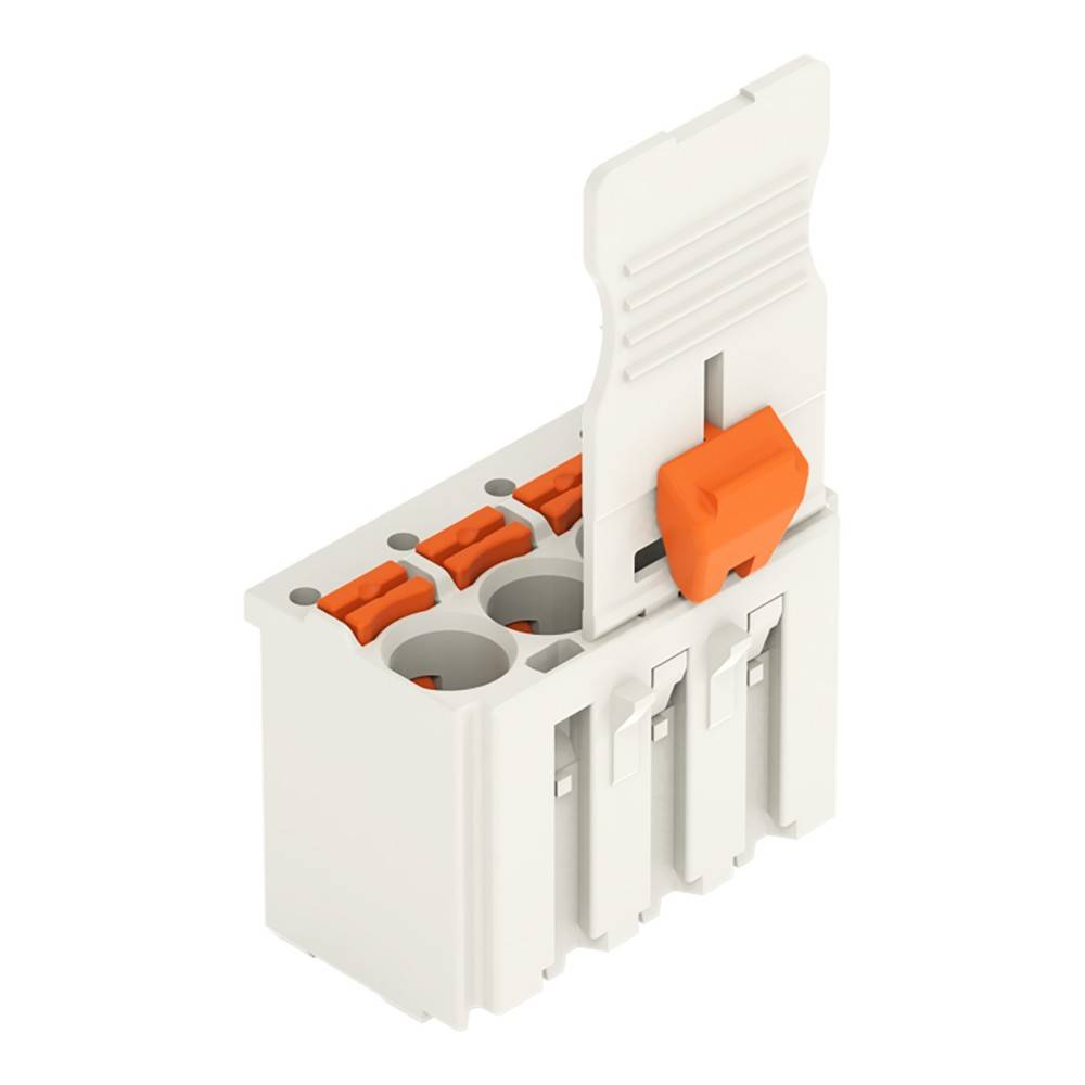 Ein weißer elektrischer Anschlussblock mit drei Steckplätzen und orangefarbenen Hebeln, dargestellt mit einem offenen Hebel zur Kabeleinführung.