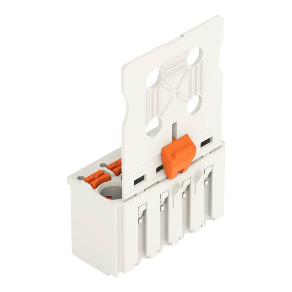Ein weißer Elektroverbinder mit vier Anschlüssen und einem orangefarbenen Hebel, entwickelt für sichere Kabelverbindungen und zum Anbringen geeignet.