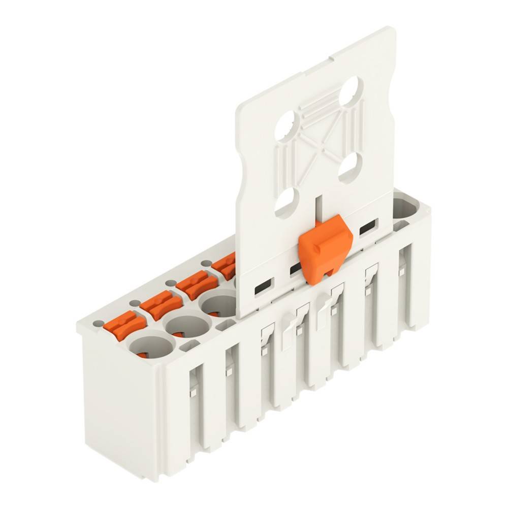 Ein weißer Steck-Drahtverbinderblock mit sechs Anschlüssen, ausgestattet mit orangefarbenen Hebelmechanismen für eine sichere Drahteinführung und -verbindung.