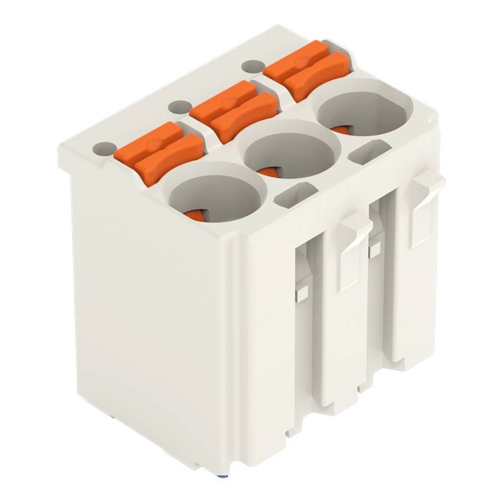 Ein weiß-oranger Anschlussblock mit drei Anschlüssen, konzipiert für elektrische Verdrahtungsanwendungen.