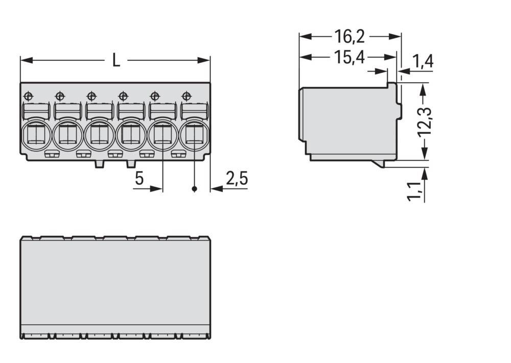 Technische Zeichnung einer elektronischen Komponente mit Abmessungen: Länge L, Höhe 16,2 mm, Breite 15,4 mm, Draufsicht und Seitenansicht.