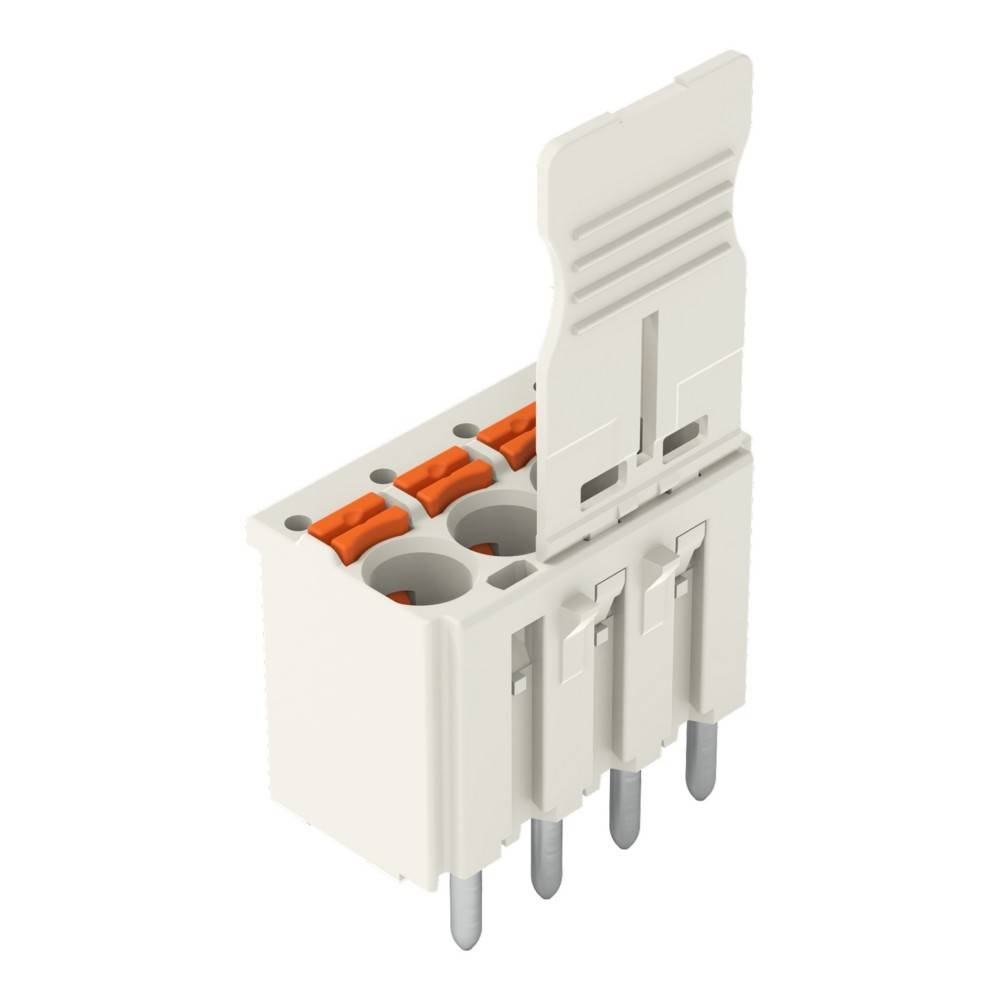 Ein weiß-orangefarbener elektrischer Steckverbinder mit vier Metallpins und einem abnehmbaren Verriegelungsmechanismus, der für die Montage auf Leiterplatten konzipiert ist.