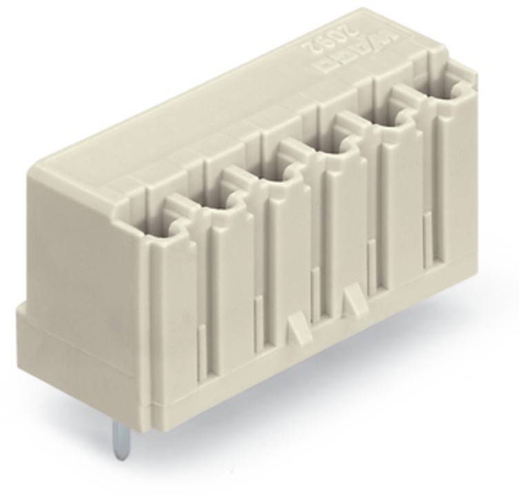 Ein beiger elektrischer Anschluss mit sechs vertikalen Schlitzen und einem Stift an der Unterseite, der zum Befestigen mehrerer Kabel in elektronischen Geräten verwendet wird.