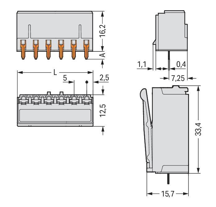 Diagramm zur Darstellung der Abmessungen eines elektrischen Anschlusses mit verschiedenen beschrifteten Maßen, einschließlich 33,4 mm Höhe und 16,2 mm Breite.