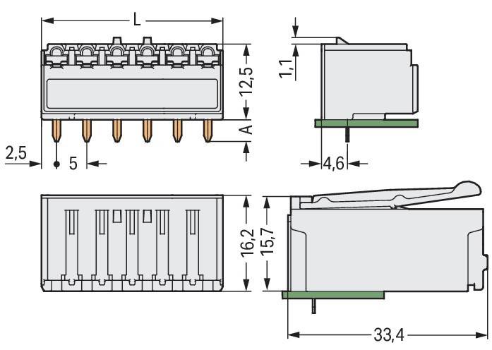 Technische Zeichnung eines elektrischen Steckverbinders mit beschrifteten Abmessungen: 12,5 mm Höhe, 16,2 mm Breite, 33,4 mm Länge und 4,6 mm Breite des Anschlussrasters.