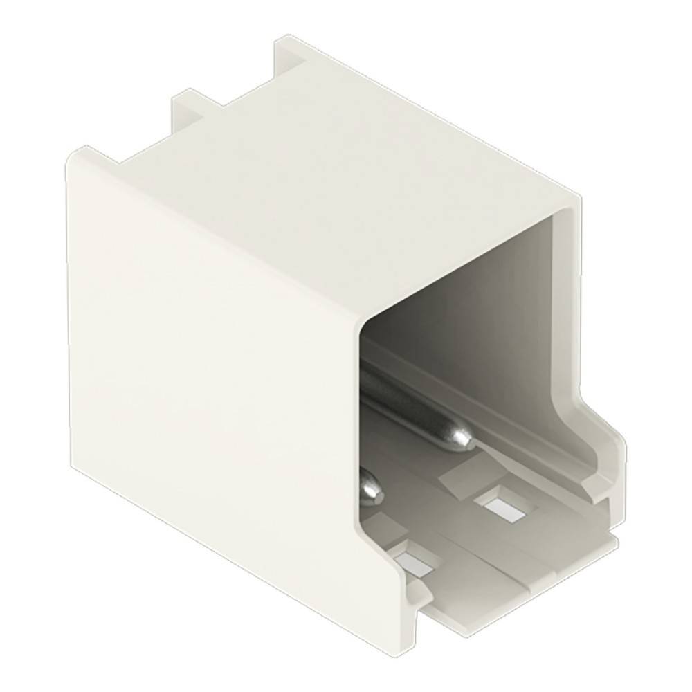 Ein weißer, rechteckiger Kunststoff-Verbindungsblock mit einer offenen Seite, der zum Befestigen von elektrischen Kabeln dient, dargestellt in einem Winkel, um seine Form zu betonen.