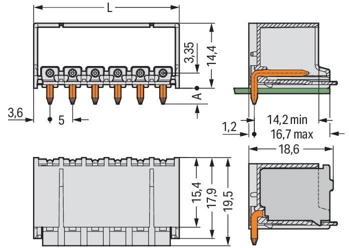 Technische Zeichnung eines elektrischen Verbindungsstücks, das die Abmessungen und interne Struktur zeigt. Wichtige Messungen umfassen 14,2 mm Breite und 19,5 mm Höhe.