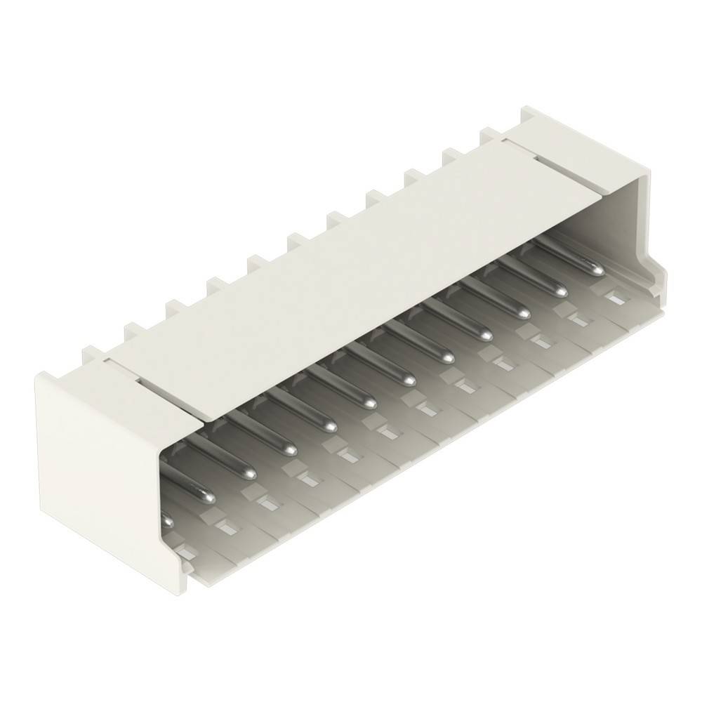 Weißer elektrischer Steckverbinder mit mehreren Metallpins, der für elektronische Schaltungsverbindungen verwendet wird. Rechteckige Form mit Rillen an der Oberseite.