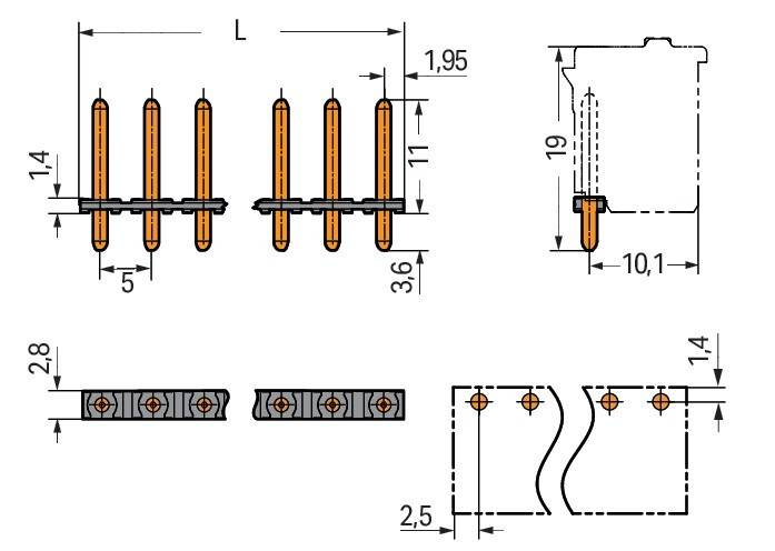 Technische Zeichnung von Anschlussbolzen mit Maßangaben: Höhe 19 mm, Breite 1,95 mm, Abstand 3,6 mm. Zeigt Seiten- und Draufsicht.