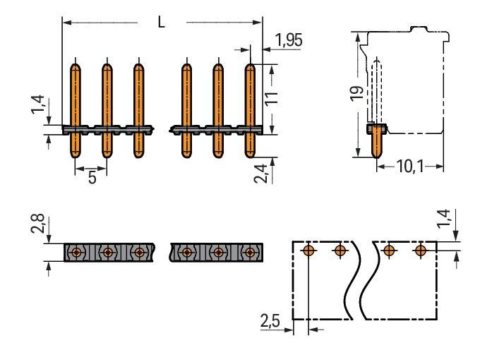 Technische Zeichnung von Leiterplattenanschlüssen mit Maßangaben: Länge (L), 1,95 mm Höhe, 19 mm Breite, mit Abstandsdetails.