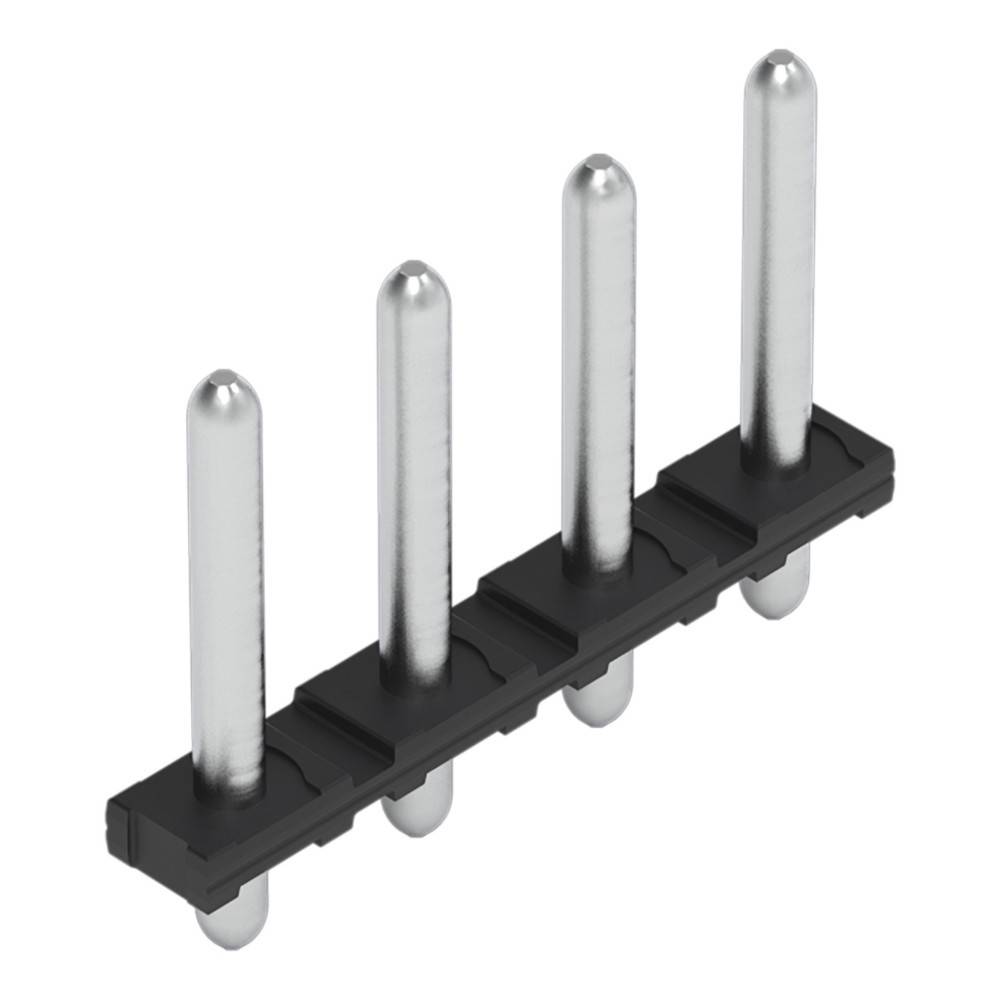 Ein schwarzer Vier-Pin-Header-Stecker mit Metallstiften, der typischerweise für elektronische Schaltungsverbindungen verwendet wird.