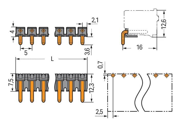 Technische Zeichnung der Anschluss-Pins mit Dimensionen: Breite 2,1 mm, Höhe 12,3 mm, Abstand 3,6 mm. Ansichten von oben und der Seite enthalten.