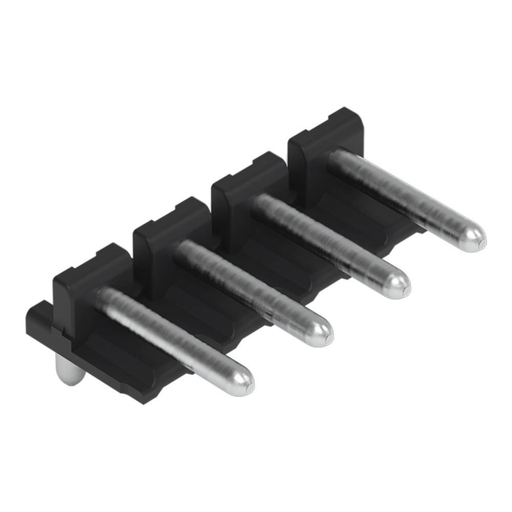 Ein schwarzer 4-Pin-Steckverbinder mit Metallpins zum Verbinden elektronischer Bauteile, aus einem Winkel betrachtet, der die Pin-Anordnung zeigt.