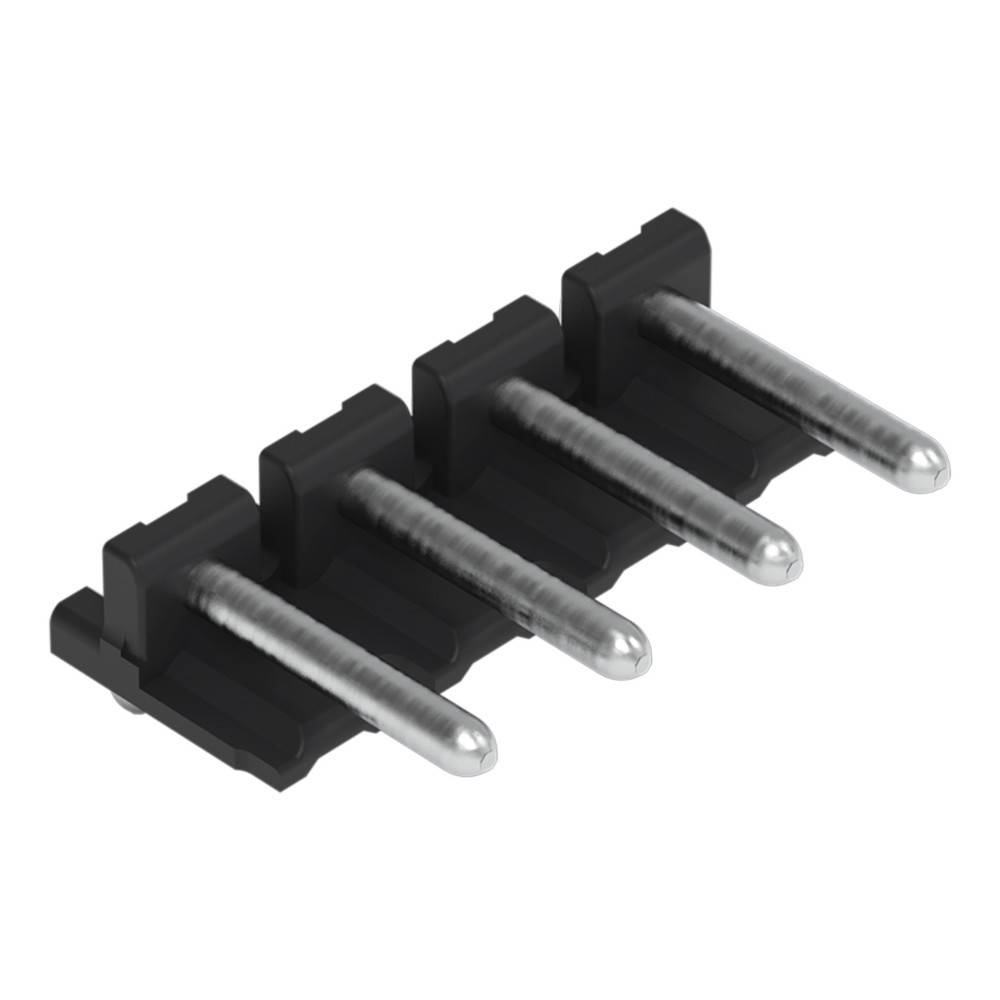 Ein schwarzer Vier-Pin-Stecker mit hervorstehenden Metallstiften, der typischerweise für elektronische Schaltkreise oder Geräte verwendet wird.