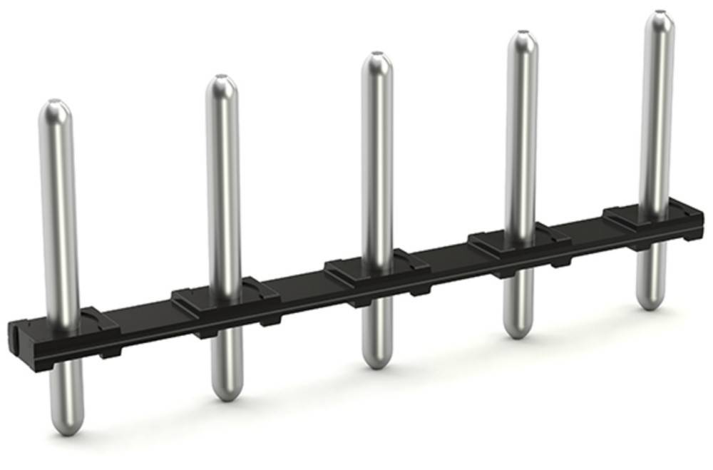 Vier metallische Zylinderstäbe, gleichmäßig auf einer schwarzen horizontalen Basis verteilt, ähnelnd einem Kamm oder einem Element modernen industriellen Designs.