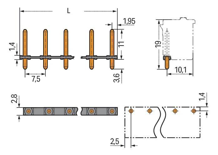Technische Zeichnung mit Abmessungen und Layout eines Anschlusses mit Stiften: 7,5 mm Abstand, 1,95 mm Höhe, Stiftbreite 10,1 mm.