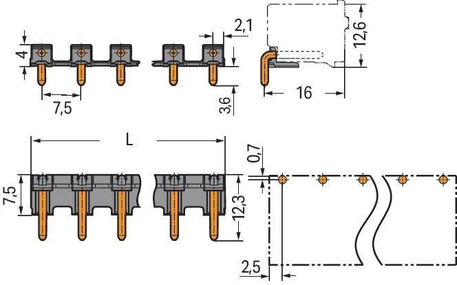 Technische Zeichnung einer Hardwarekomponente mit Maßen. Seitenansicht zeigt Höhe 12,6 mm, weitere Schlüsselmaße: 2,1, 3,6, 16, 12,3, 2,5 mm.