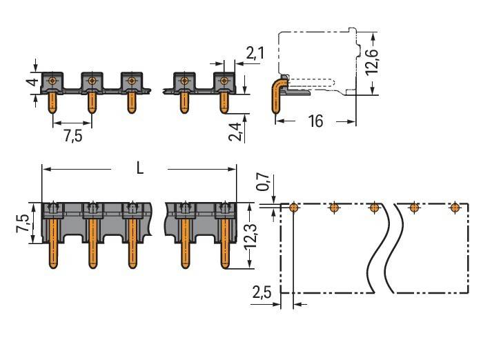 Technische Zeichnung elektrischer Komponenten mit Maßangaben. Beinhaltet Seiten- und Frontansichten, die Abmessungen und Anordnung von Anschlüssen zeigen.
