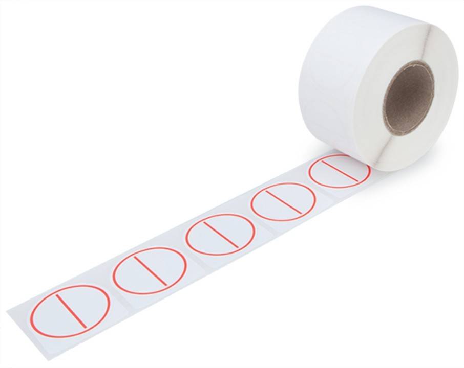 Rolle weißer Aufkleber mit roten Kreisen und Linien, die dem Pausensymbol ähneln.