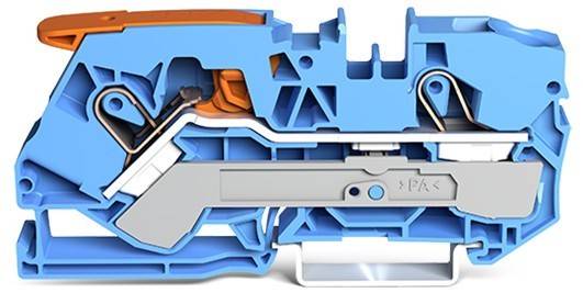 Querschnitt eines mechanischen Schalters, der Innenkomponenten zeigt, einschließlich blaues Gehäuse und orangefarbener Betätigungsmechanismus, der Design und Funktion veranschaulicht.