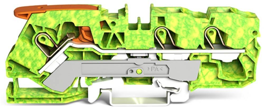 Querschnitt eines grünen modularen elektrischen Anschlussklemmenblocks, der interne Komponenten und Drahtverbindungsmechanismen zeigt.