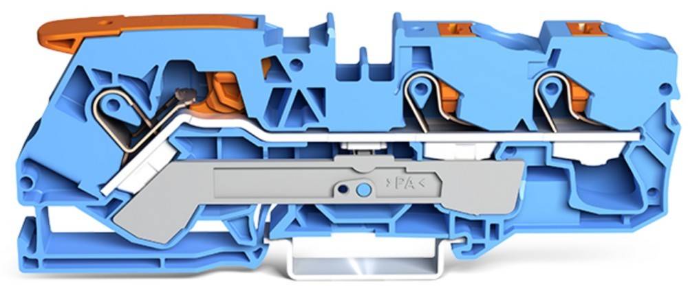 Eine blaue und graue mechanische Komponente mit einer komplexen Innenstruktur, möglicherweise ein Reihenklemmenblock, der Verbindungen und Teile zeigt.
