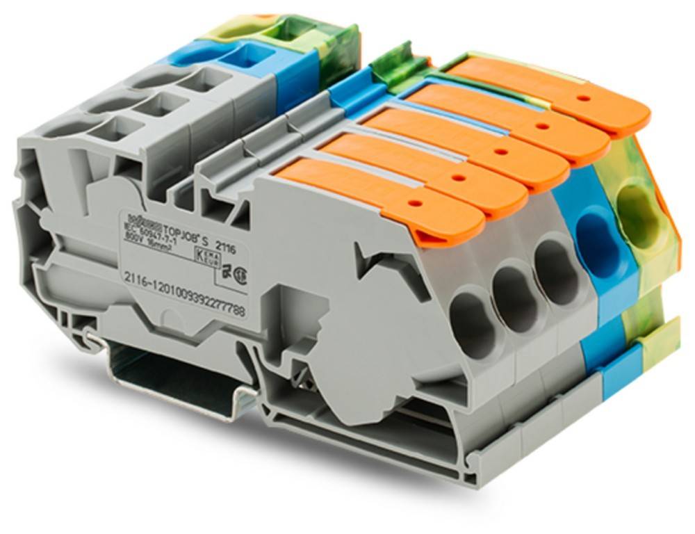 Eine Nahaufnahme eines grauen elektrischen Anschlusskastens mit orangefarbenen Hebeln, der für Verdrahtungsverbindungen konzipiert ist und mehrere Anschlusspunkte zeigt.