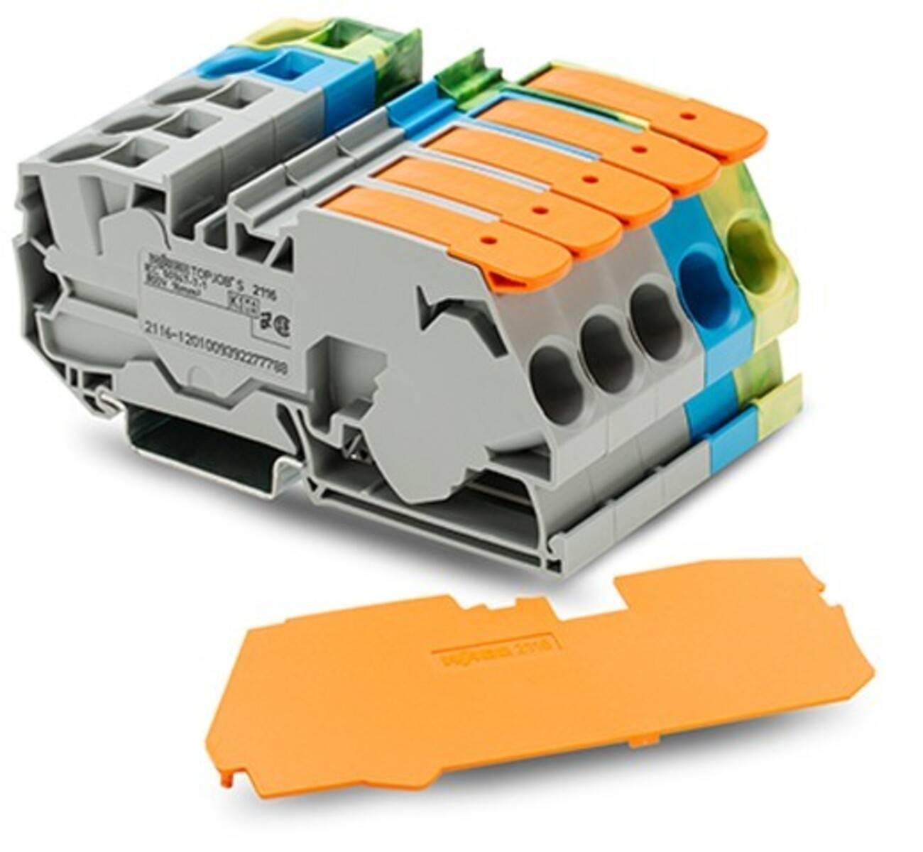 Ein grauer Anschlussblock aus Kunststoff mit orangefarbenen Hebeln und blau-grünen Akzenten, der in elektrischen Anwendungen verwendet wird, mit einer separaten orangefarbenen Abdeckung.