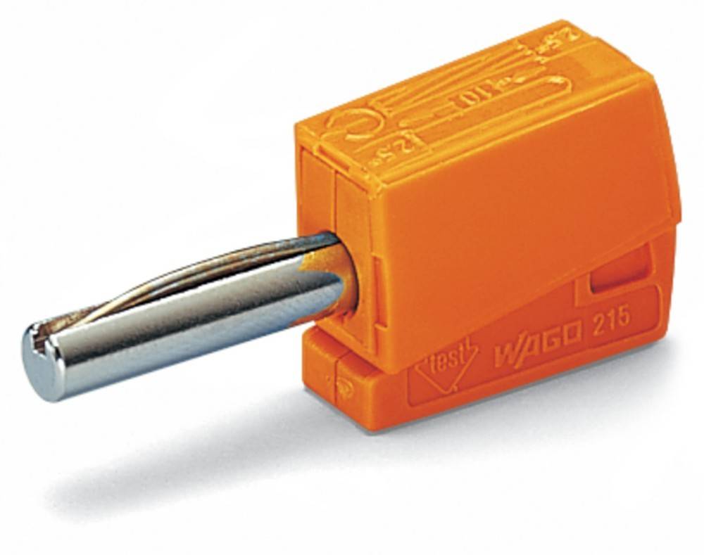 Ein orangefarbener Wago-Lüsterklemme, die einen Metalldraht sicher festhält.