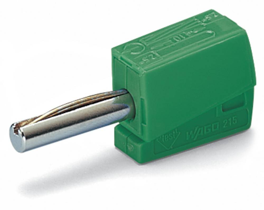 Ein grüner elektrischer Steckverbinder mit der Bezeichnung 'WAGO 215', der für sichere Kabelverbindungen konzipiert ist, mit einem Metalldraht, der in eine Seite eingeführt wurde.