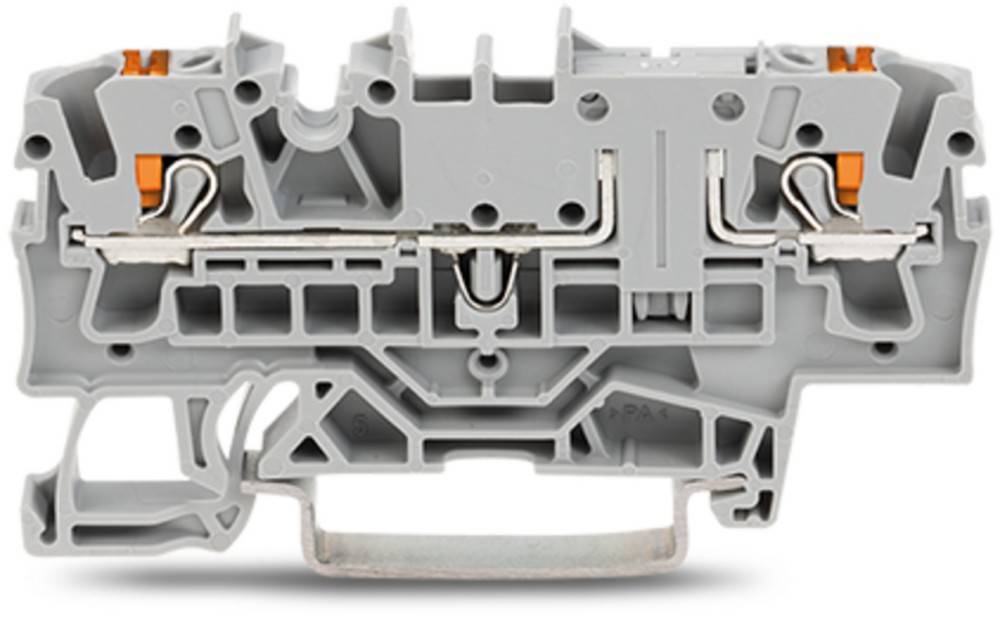 Ein Nahaufnahmebild eines grauen industriellen Schaltkreisverbinders, der detaillierte Rillen und metallische Elemente für die elektrische Verdrahtungsmontage zeigt.