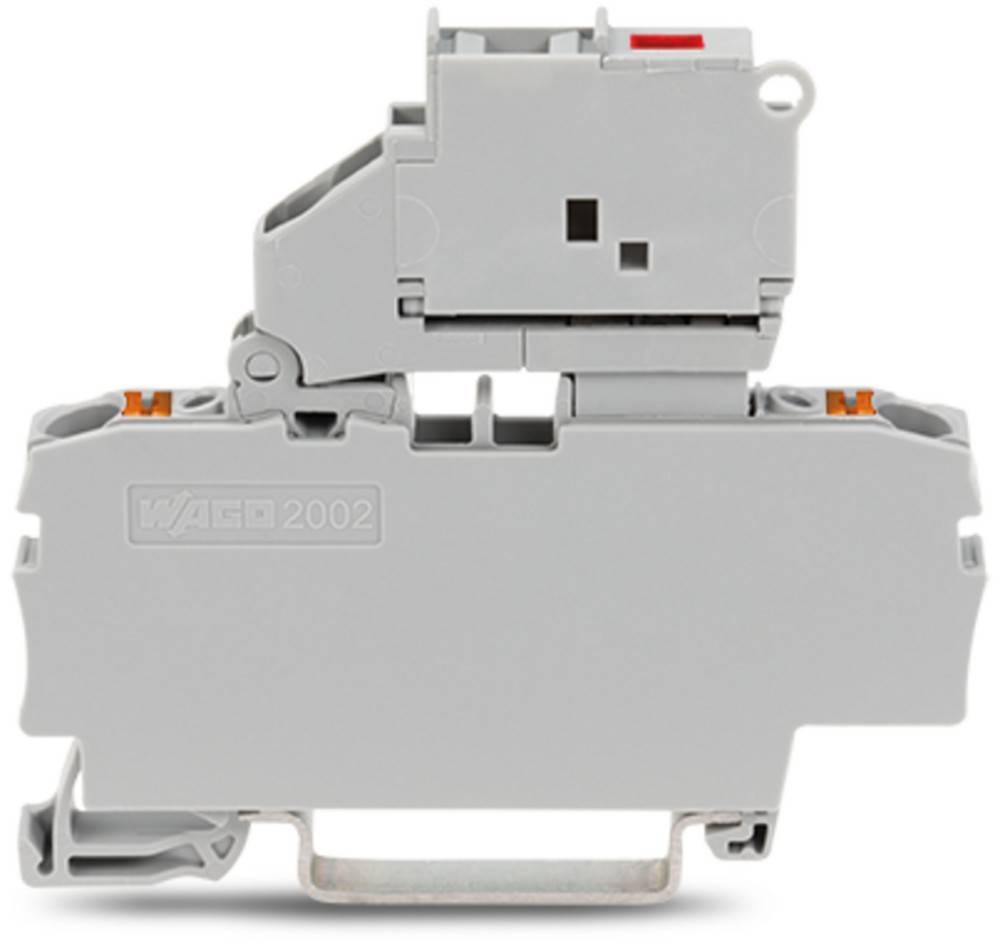 Ein elektrischer Anschlussblock mit einem grauen Gehäuse, ausgestattet mit einem verriegelbaren Hebelmechanismus oben, beschriftet mit 'WAGO 2002'.