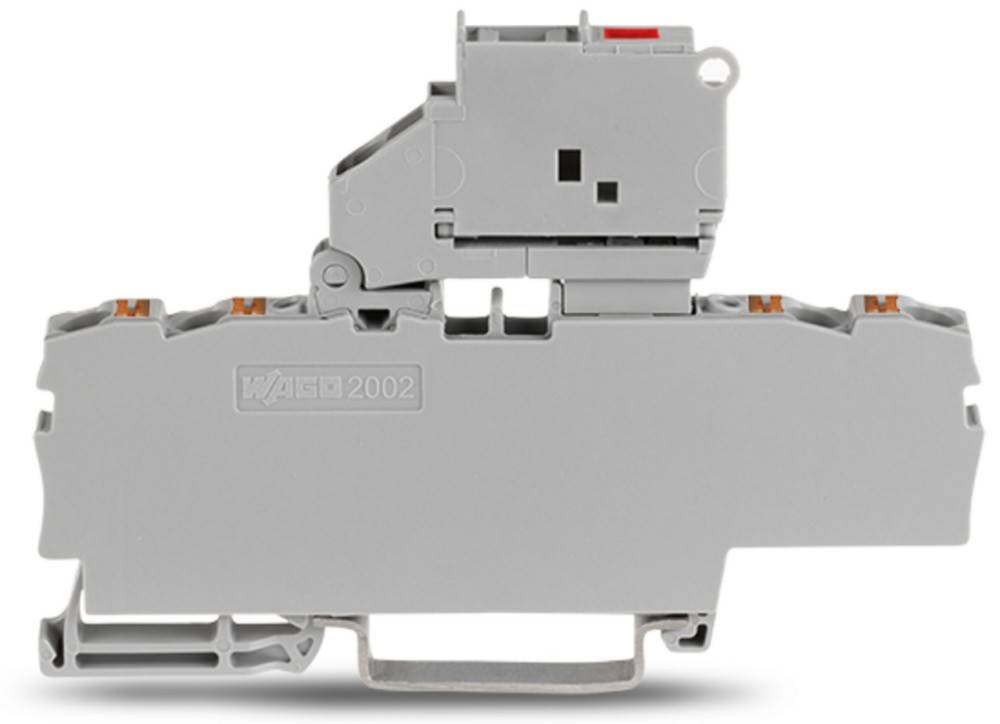 Ein grauer elektrischer Anschlussblock mit dem Aufdruck 'WAGO 2002'.