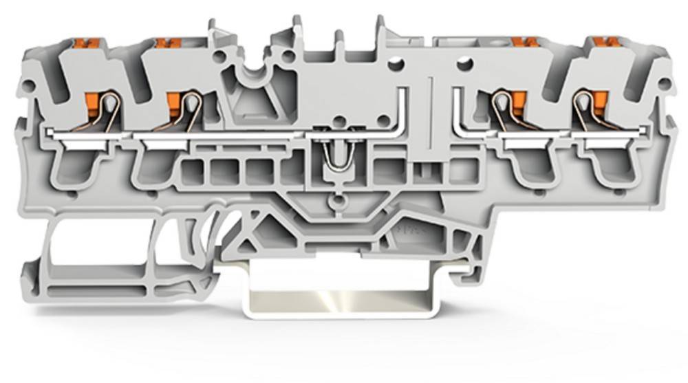 Eine Querschnittsansicht eines elektrischen Klemmenblockes, die interne Verbindungen, Verdrahtungswege und Befestigungsmechanismen zeigt.