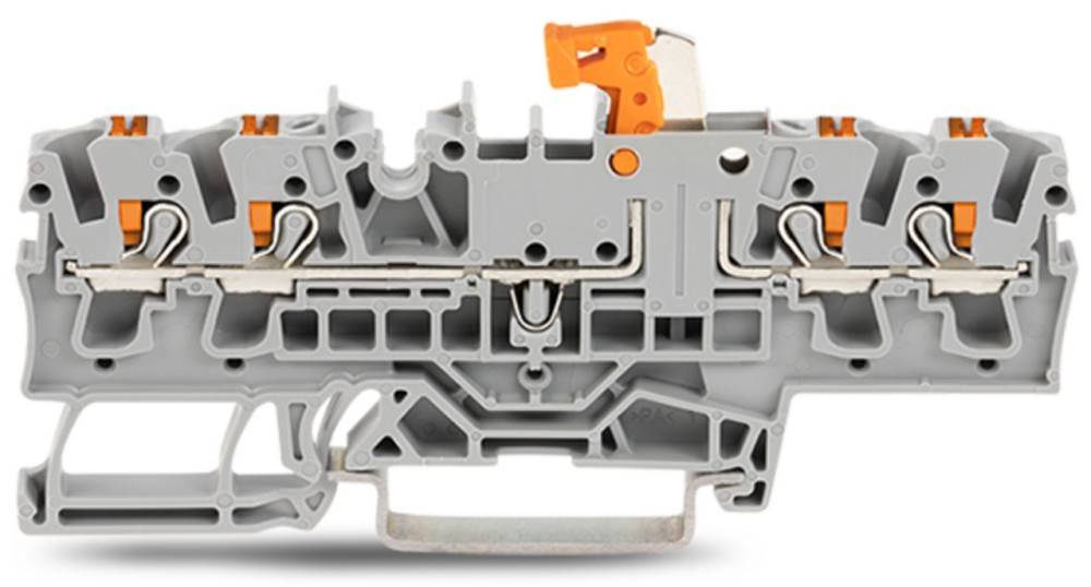 Eine Nahaufnahme eines orange-grauen industriellen Reihenklemmenverbinders, der in elektrischen Schaltkreisen verwendet wird, mit Blick auf seinen Verschließmechanismus und die Kontaktpunkte.