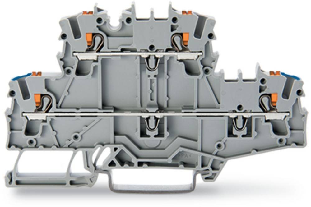 Ein grauer modularer Klemmenblock mit Metallkontakten und orangefarbenen Hebeln, der in Elektrotafeln zum Verbinden und Sichern von Drähten verwendet wird.