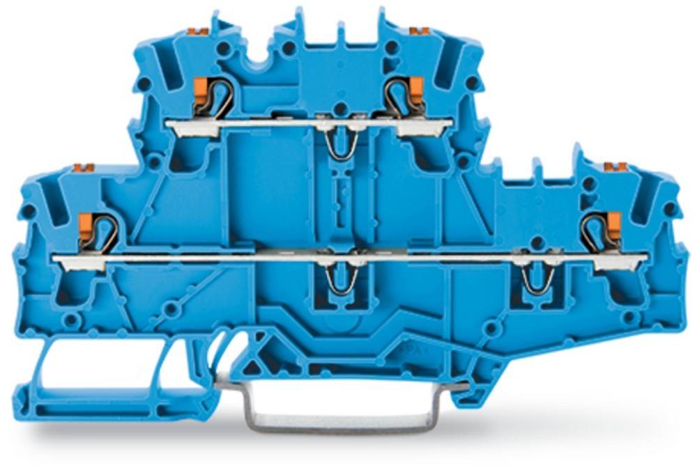 Ein blauer industrieller Anschlussblock für elektrische Verbindungen mit mehreren Anschlusspunkten und Befestigungsschlitzen.