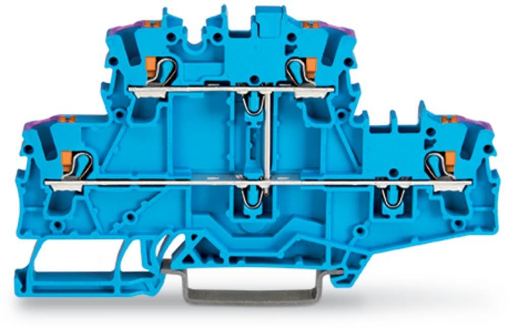 Ein blauer elektrischer Anschlussblock mit orangefarbenen Anschlüssen, der zum Sichern und Organisieren mehrerer Kabel in elektrischen Systemen entwickelt wurde.