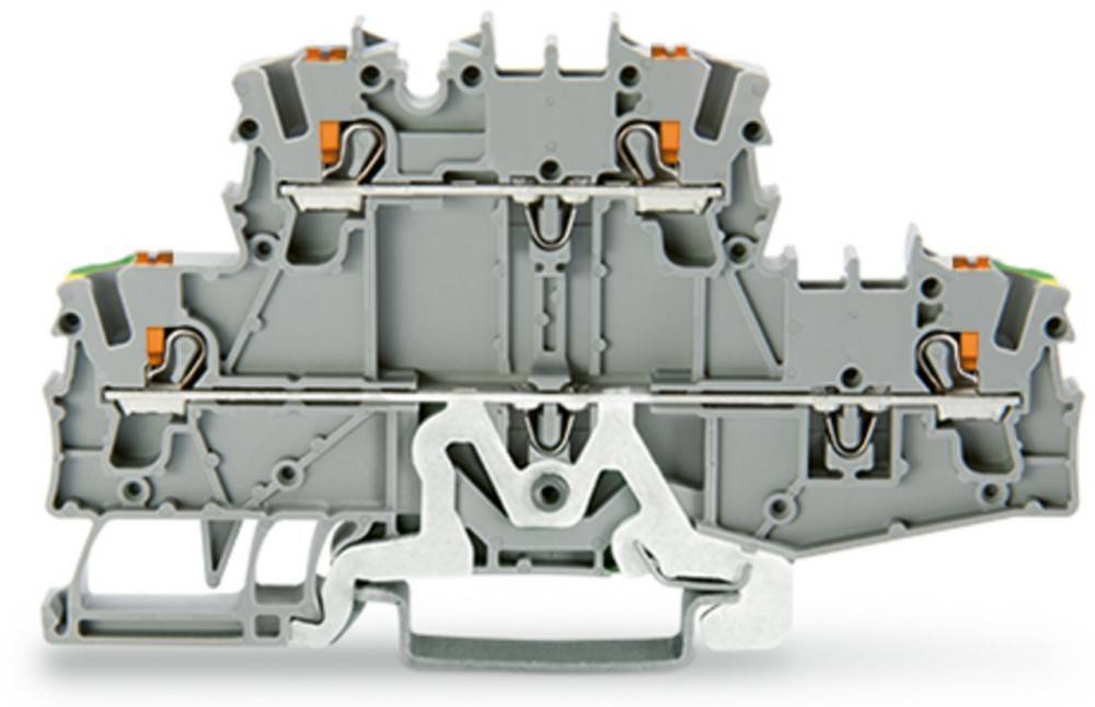 Ein grauer Klemmenblock mit Metallverbindern und orangefarbenen Akzenten, der für das Verbinden von elektrischen Leitungen in industriellen Umgebungen entwickelt wurde.