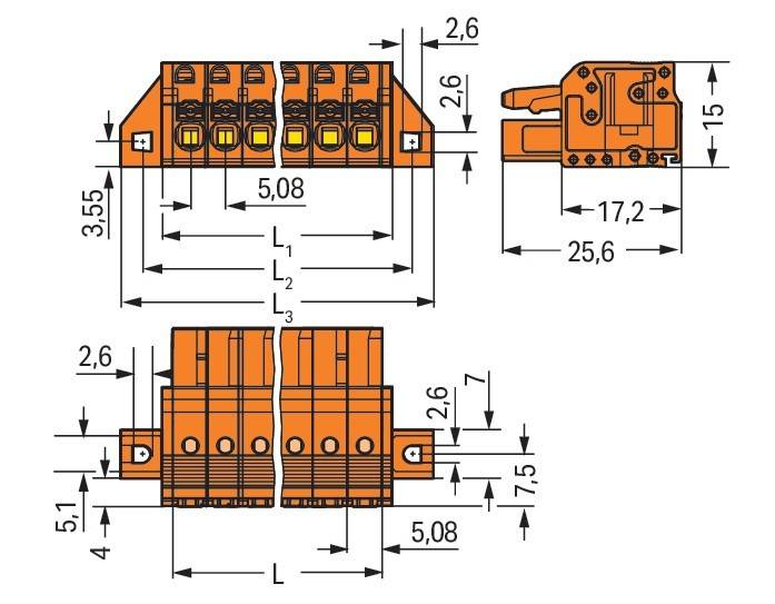 Technische Zeichnung eines elektrischen Anschlusses mit beschrifteten Abmessungen: 5,08 mm Breitenabstand, 17,2 mm Höhe, 25,6 mm Tiefe.