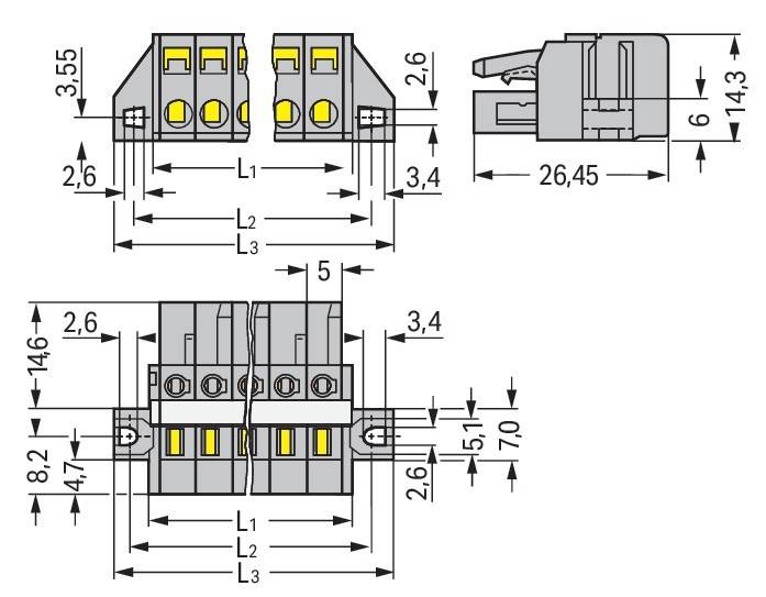 Technische Zeichnung zur Darstellung der Abmessungen eines Verbindungsstücks. Vorder- und Seitenansichten sind mit Maßangaben beschriftet und zeigen präzise Größenbestimmungen.