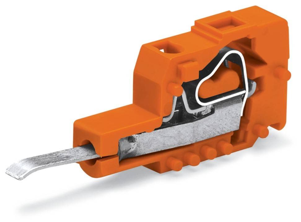 Ein orangefarbener Hebelverbinder mit einer Metallklemme, entwickelt zum Sichern von elektrischen Leitungen. Der Hebel ist geöffnet und zeigt den Metallkontakt im Inneren.