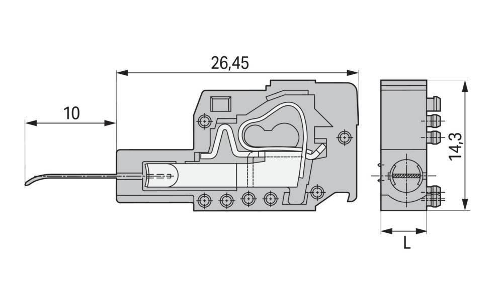 Querschnittsdiagramm einer technischen Komponente mit als 26,45 gekennzeichneten Abmessungen. Zeigt interne Durchgänge und mechanische Bauteile.