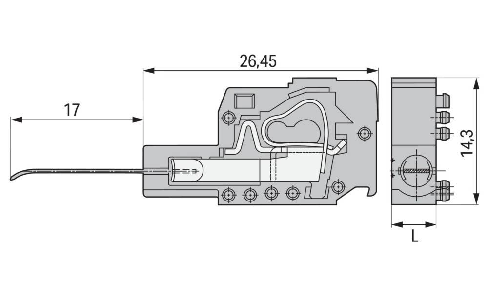 Technische Zeichnung einer elektrischen Komponente mit Abmessungen. Zeigt den internen Signalweg und Anschlusspunkte. Breite als 26,45 Einheiten markiert.