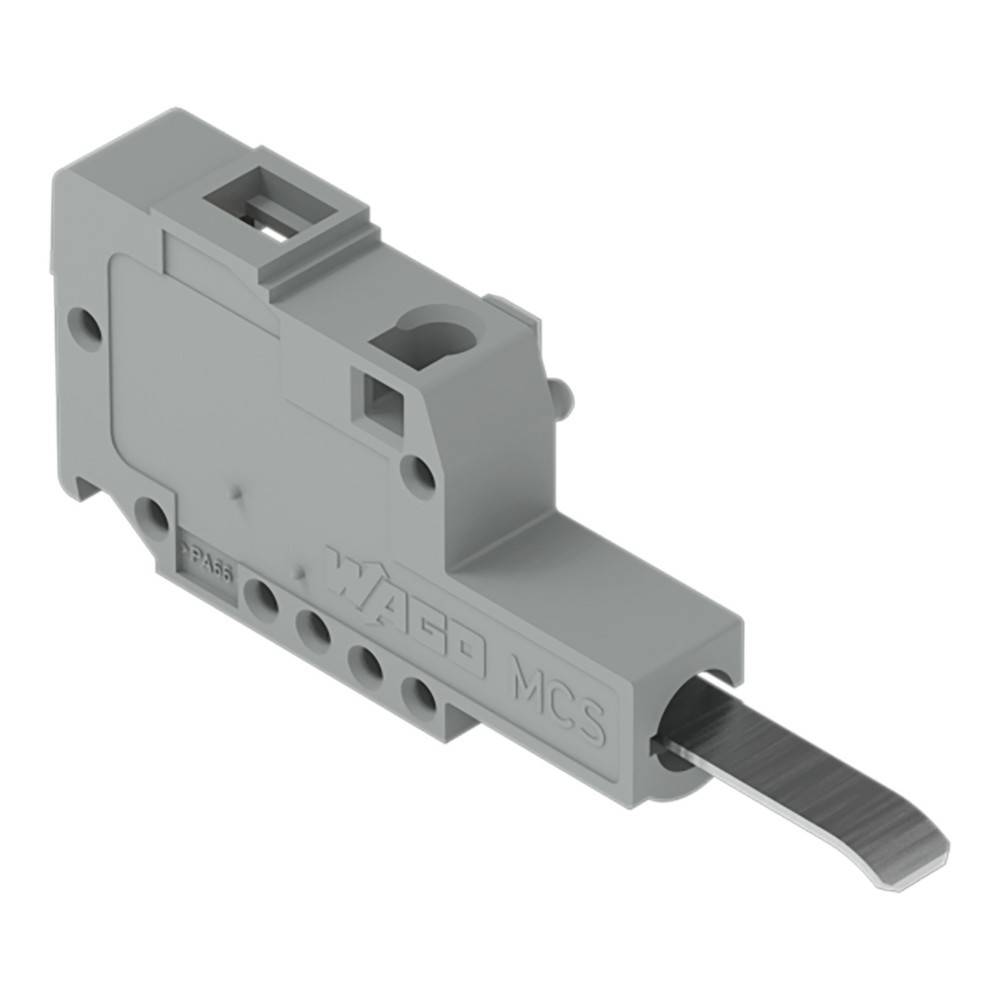 Graue Kunststoff-Mechanikkomponente mit einem Hebel, mit mehreren kleinen Löchern und der Aufschrift 