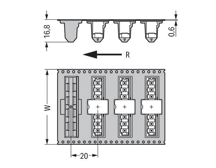Elektrischer Verbinderdiagramm mit Darstellung einer Ansicht von oben und der Seite, mit Dimensionen: 16,8, 20, W und R, die mit Pfeilen gekennzeichnet sind. Umfasst drei Verbinder.