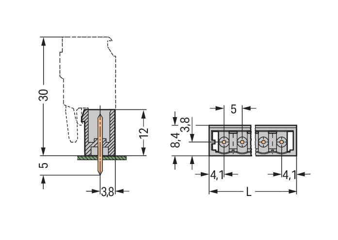 Eine technische Zeichnung, die die Abmessungen eines elektrischen Anschlusses mit in Millimetern beschrifteten Maßangaben zeigt und Höhe und Länge veranschaulicht.