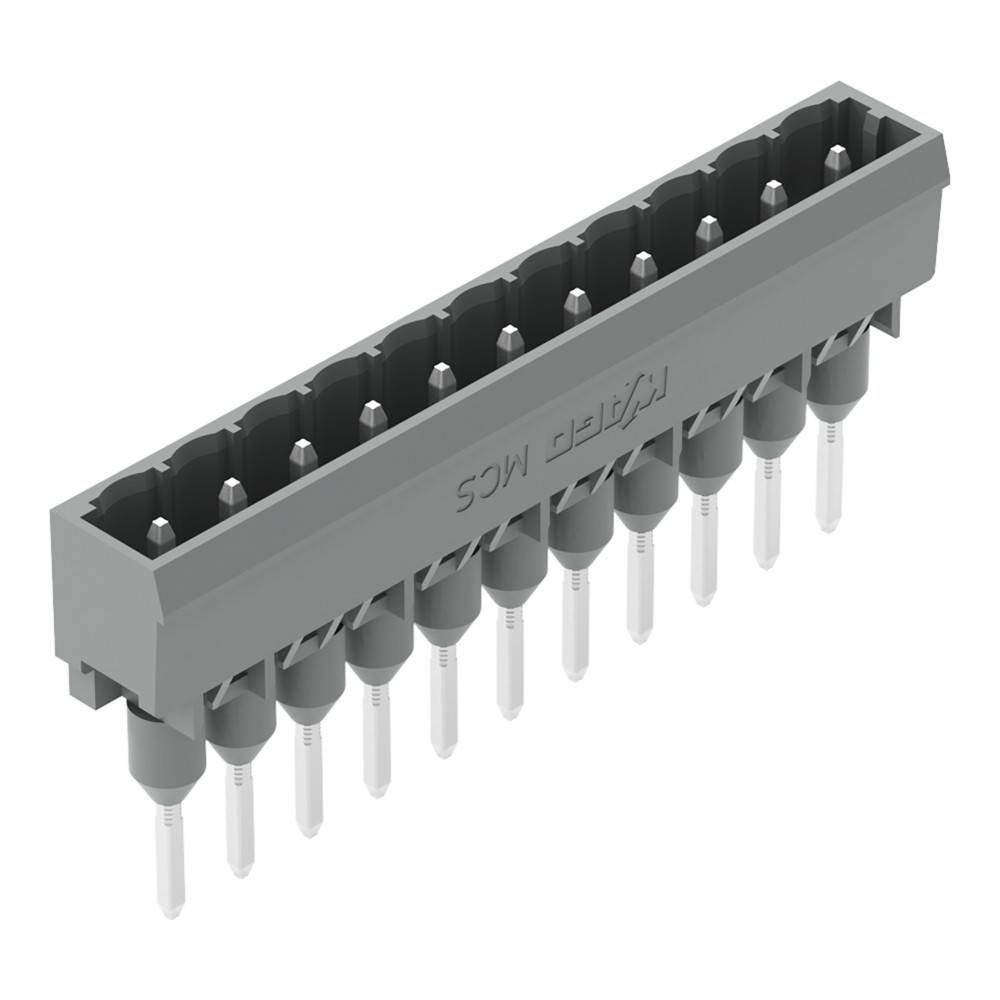 Ein grauer, rechteckiger elektrischer Steckverbinder mit mehreren sichtbaren Pins an einer Seite, der zum Verbinden von Schaltungskomponenten verwendet wird.